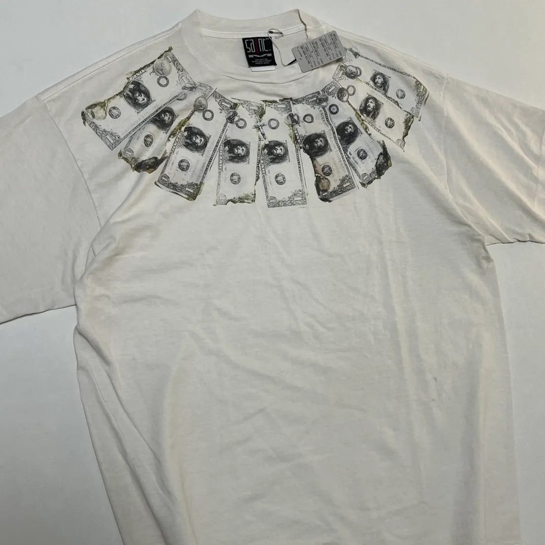 SAINT Mxxxxxx MONEY TEE/WHT dollar necklace, retro short-sleeved, off-white S-XL, ready-to-wear, washed and distressed, authentic level printing, correct accessories/with little angel logo